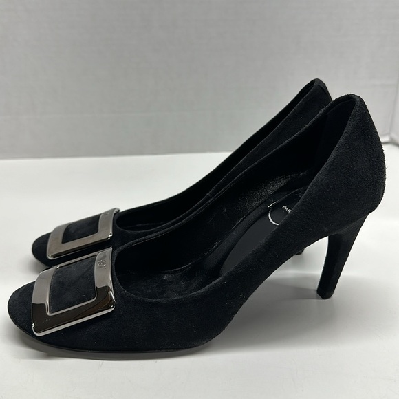 Roger Vivier High Heel Shoes Suede Pumps Round Toe Square Logo Black Size 36.5 - Picture 6 of 13
